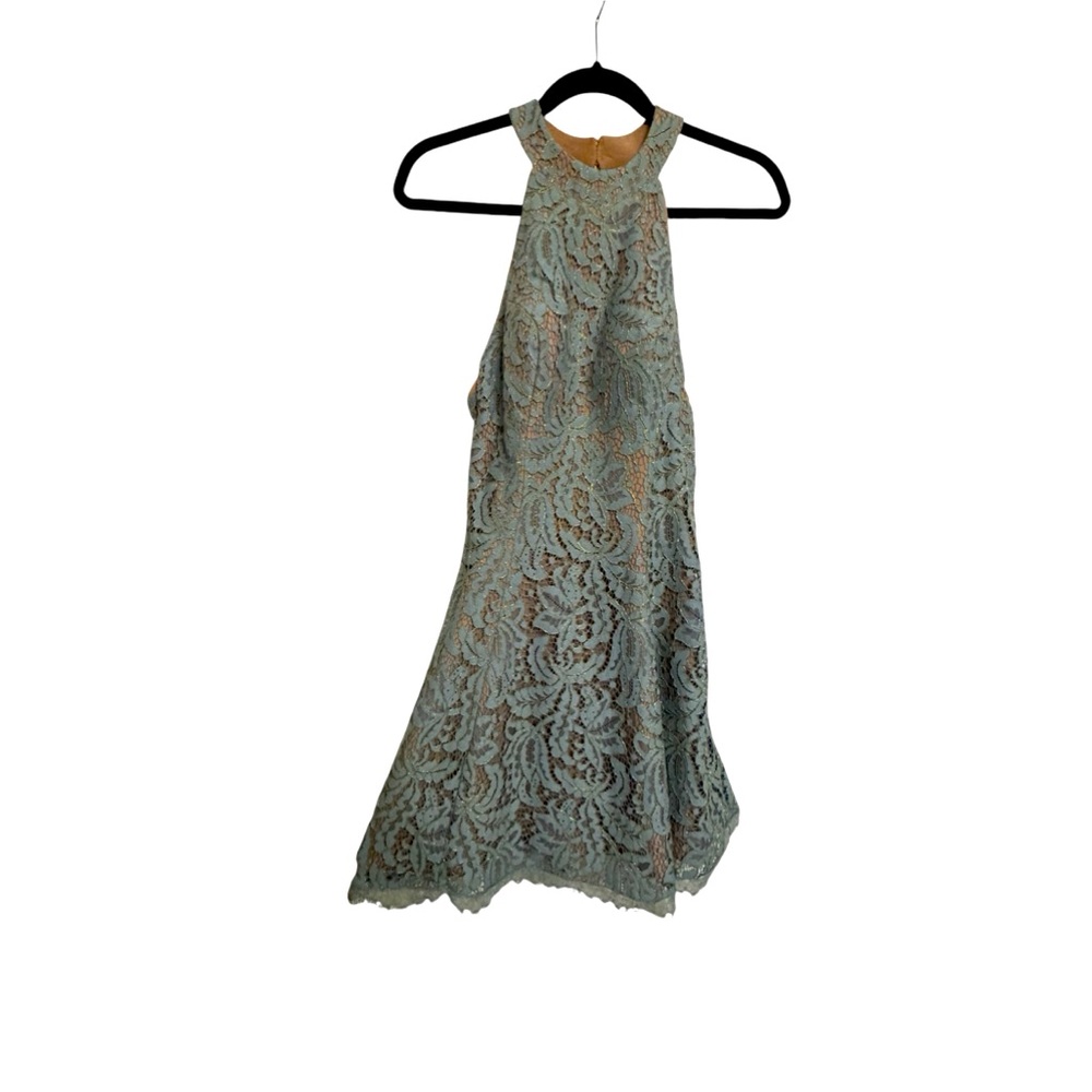 Dress the Population women’s small blue over nude halter high neck dress